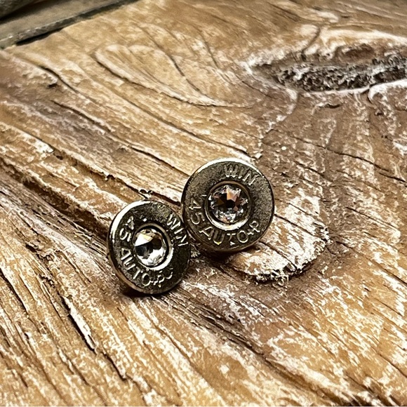 BULLET STUD EARRINGS - 45 AUTO - SWAROVSKI CRYSTAL BIRTHSTONE 
APRIL - CRYSTAL - Picture 1 of 9